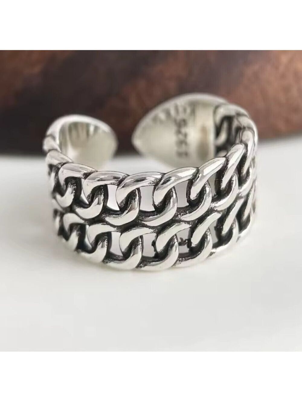925 Silver Double Curb Link Adjustable Ring #1547 - Picture 5 of 5